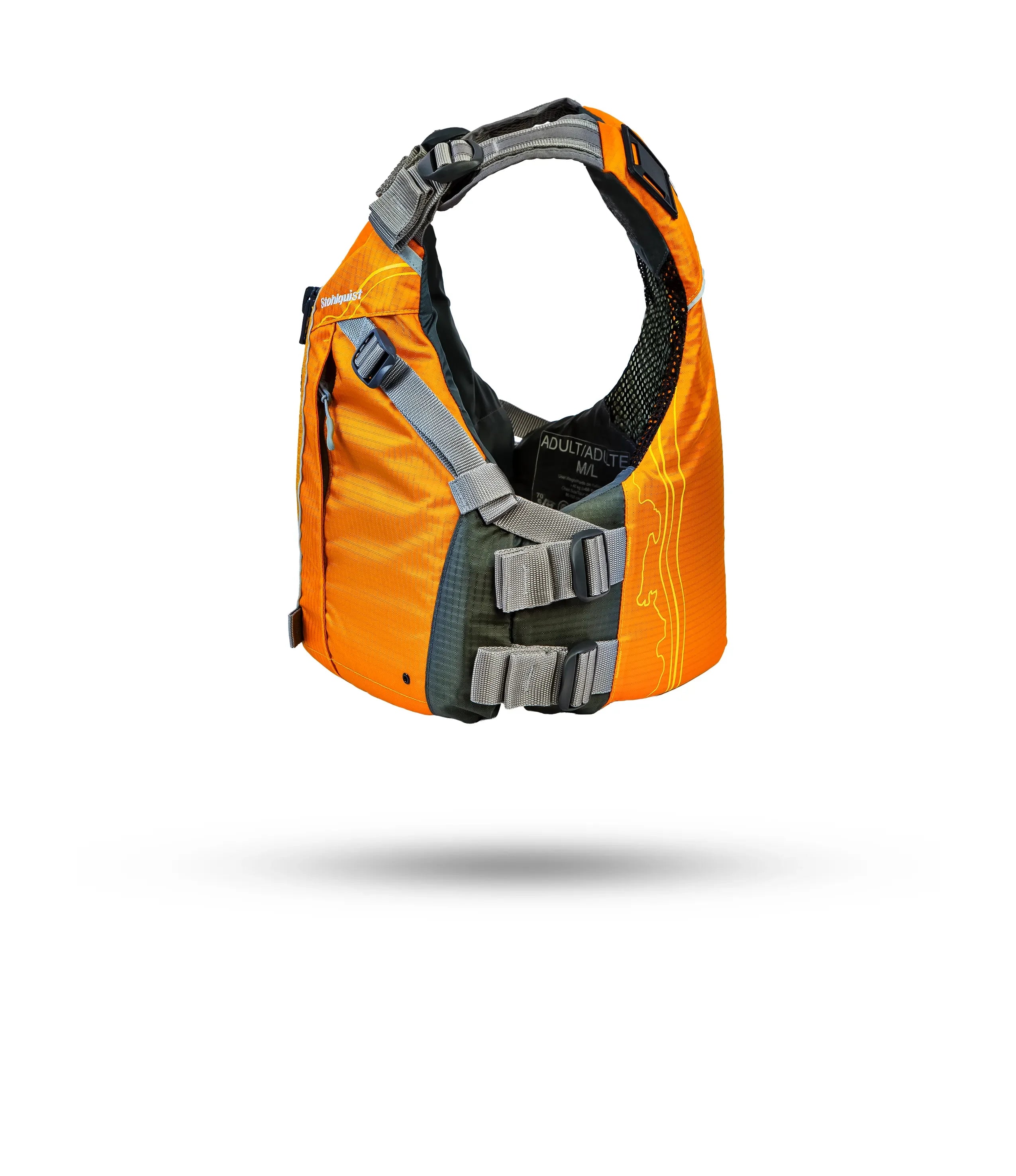 Stohlquist orange kayaking life jacket with gray straps, floating on white background