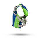 Stohlquist blue and green kayaking safety life jacket with adjustable straps, side view