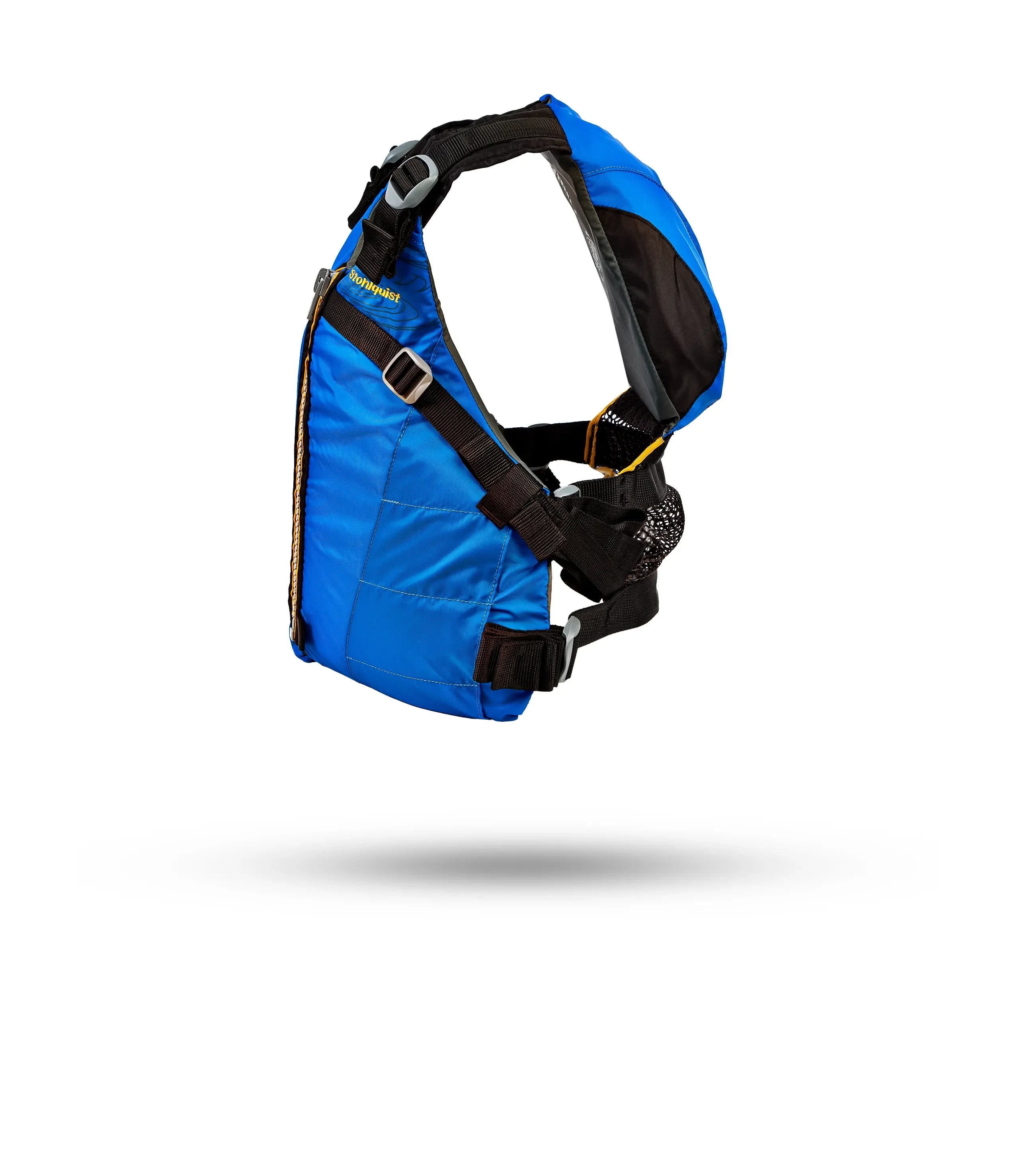 Stohlquist blue kayaking life jacket with adjustable black straps on white background