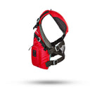 Stohlquist red kayaking life jacket with front pocket, side view on white background.