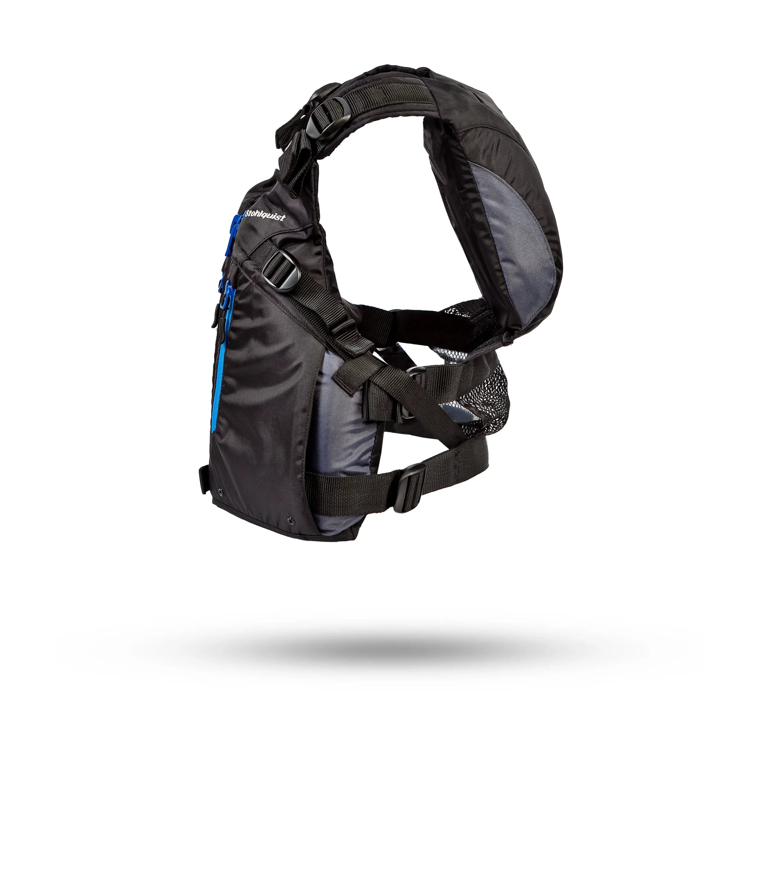 Stohlquist black kayaking life jacket with adjustable straps, side profile on white background