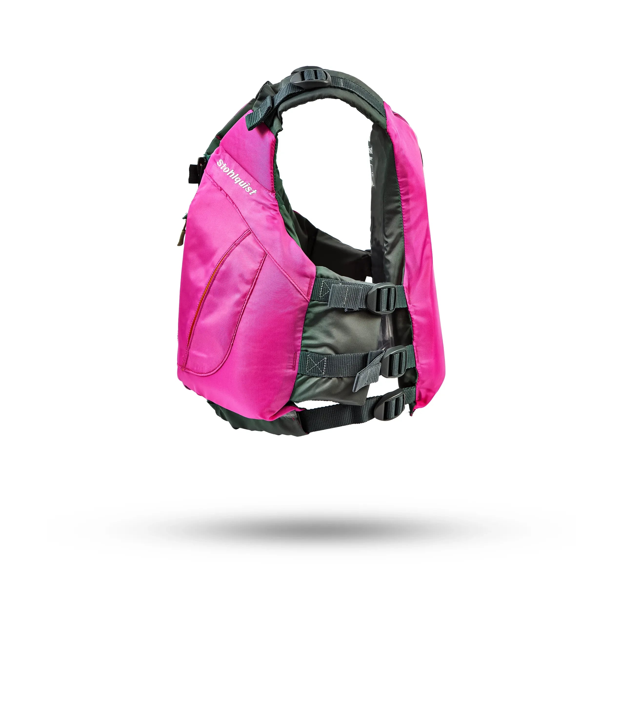 Stohlquist pink women's kayaking life jacket with adjustable straps on white background