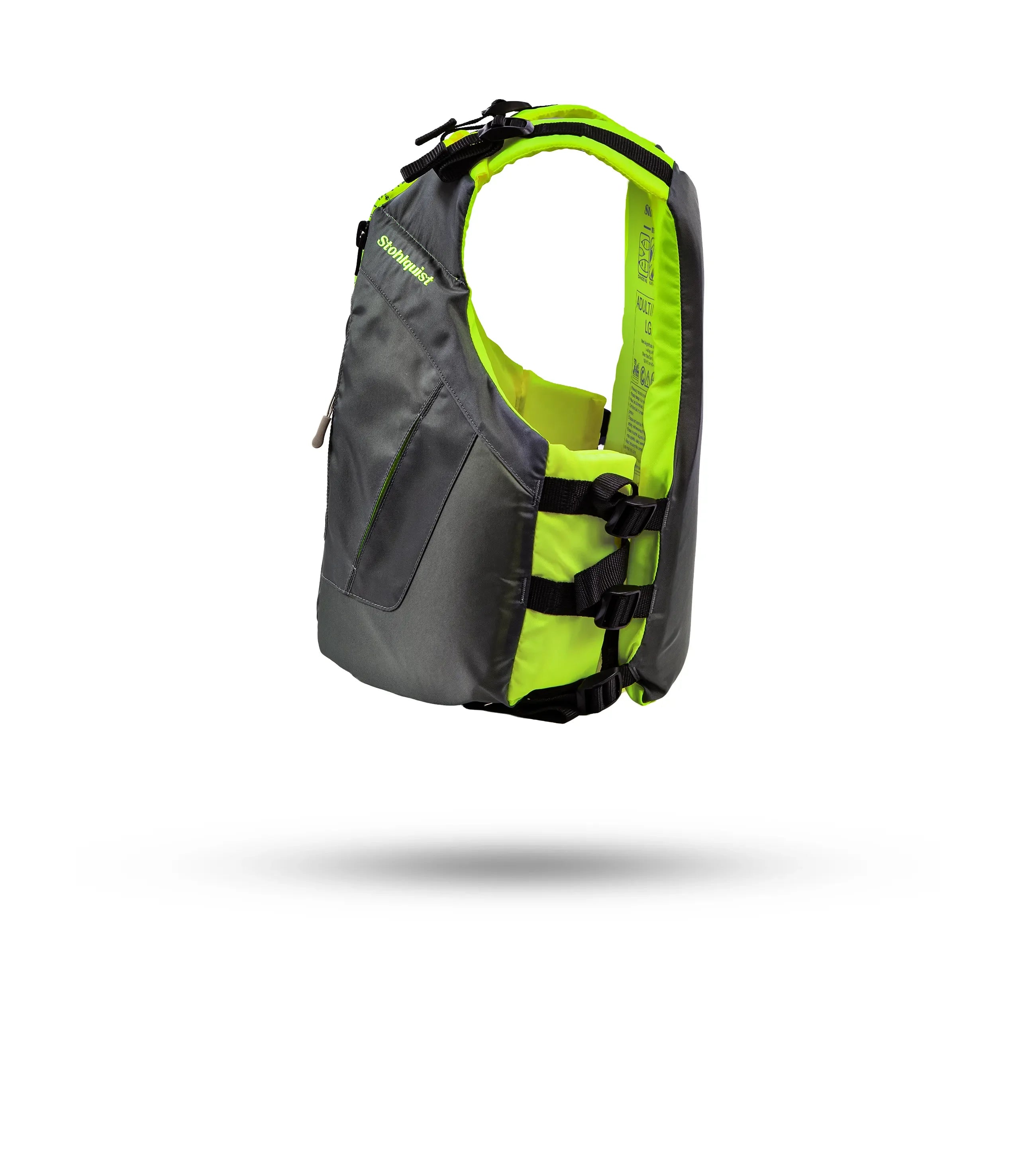 Stohlquist Escape Storm Cloud life jacket in gray and neon yellow for kayaking safety
