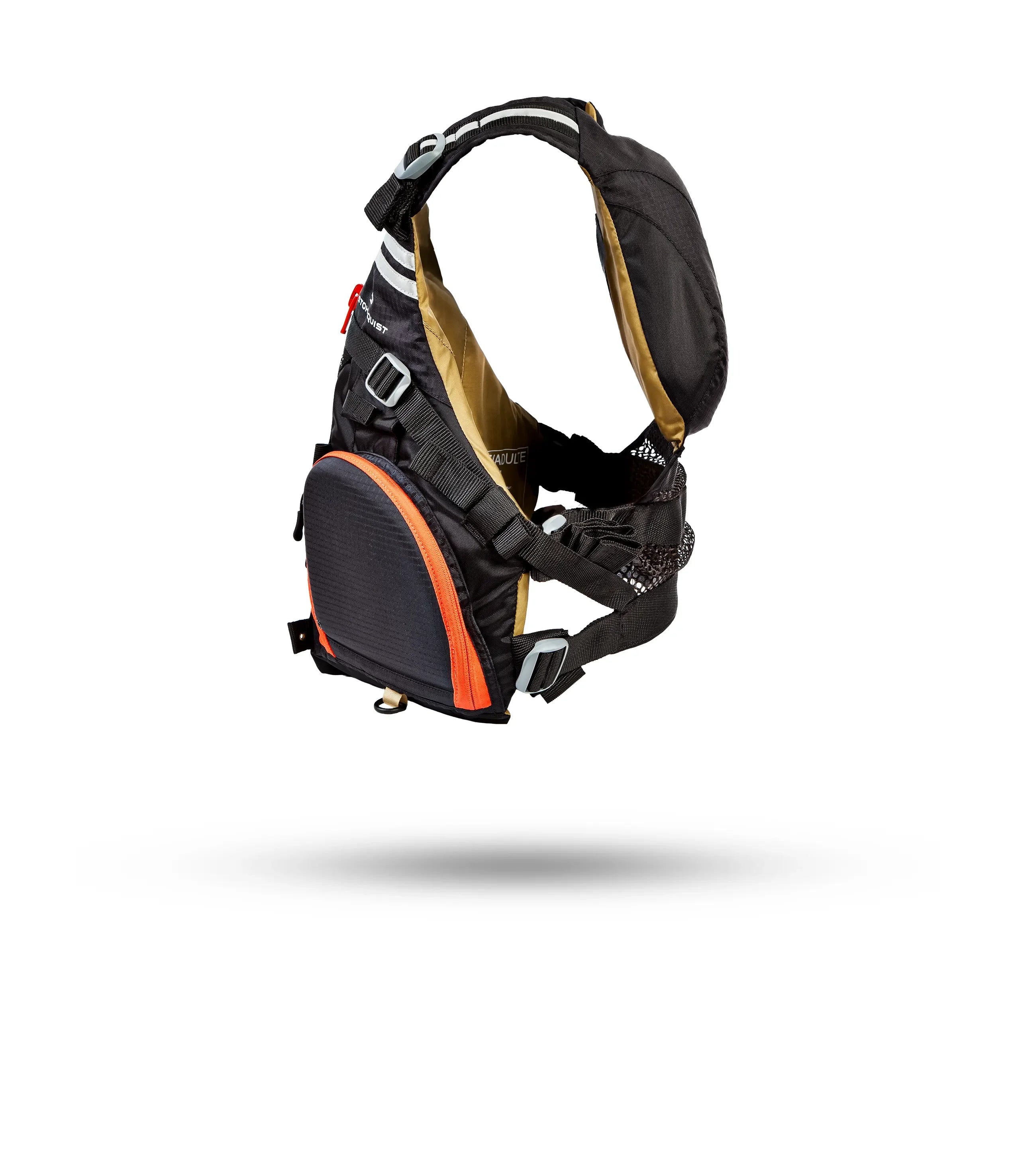 Stohlquist black fisherman kayaking life jacket with orange front pocket on white background