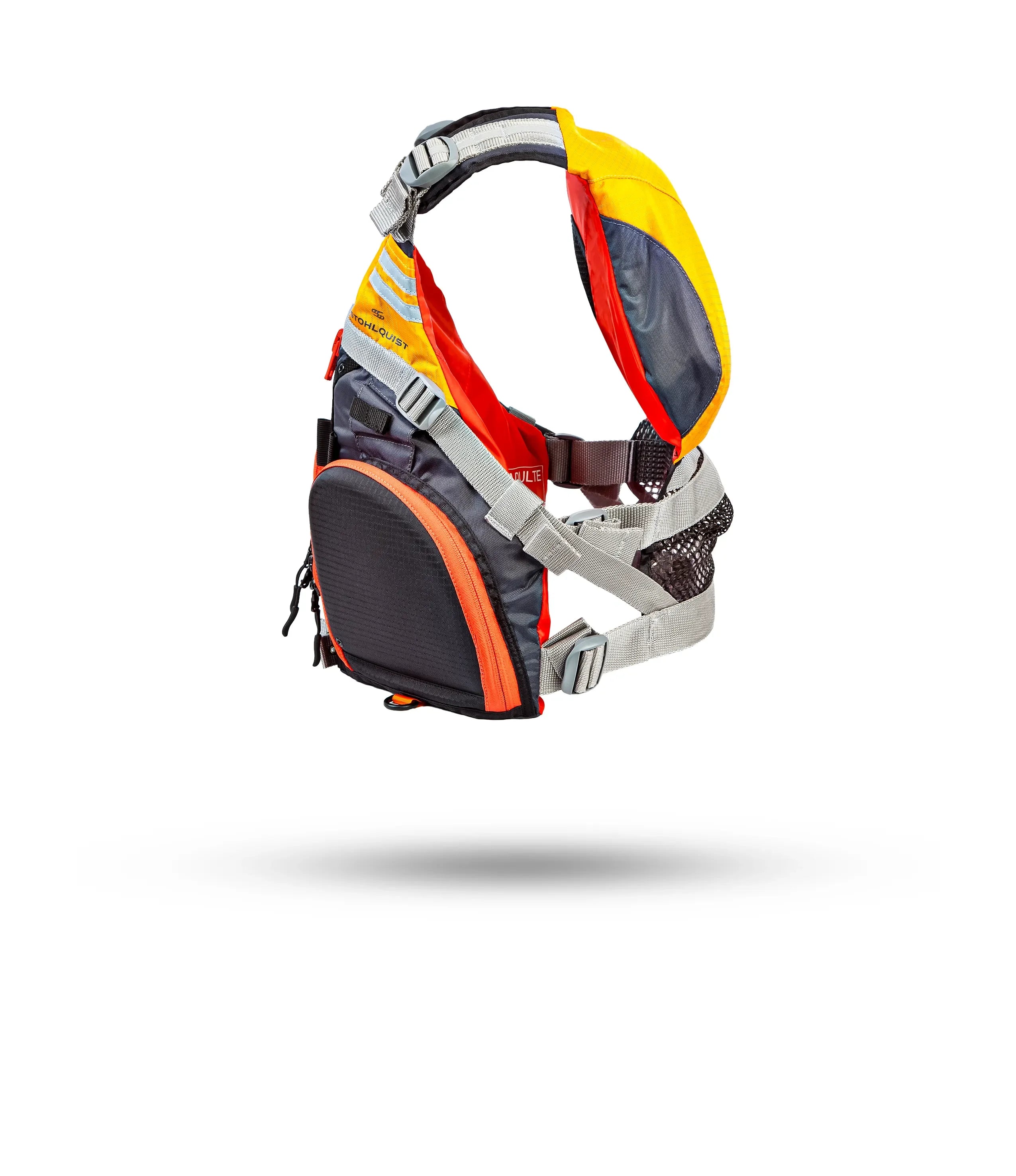 Stohlquist fisherman mango kayak life jacket with safety straps and front pocket, side view