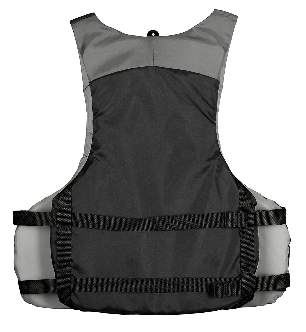 Stohlquist black and gray kayaking life jacket back view with adjustable straps