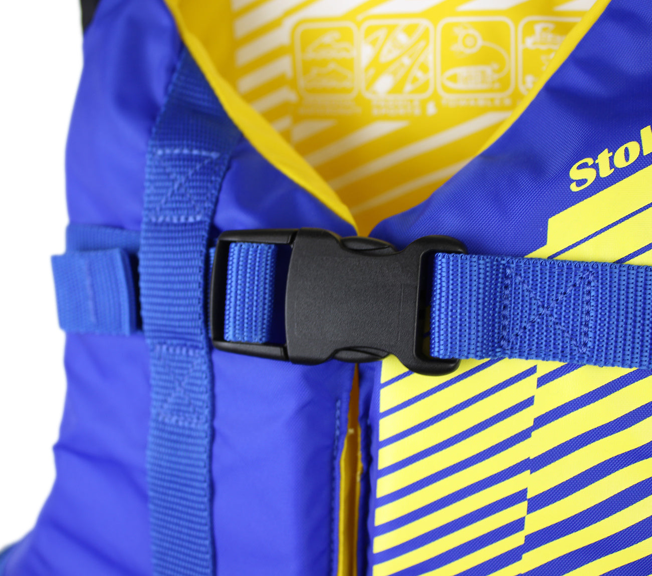 Close-up of Stohlquist blue and yellow kayaking life jacket with secure buckle detail.
