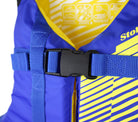 Close-up of Stohlquist blue and yellow kayaking life jacket with secure buckle detail.