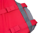 Red Stohlquist kayaking life jacket with secure adjustable gray and red straps close-up