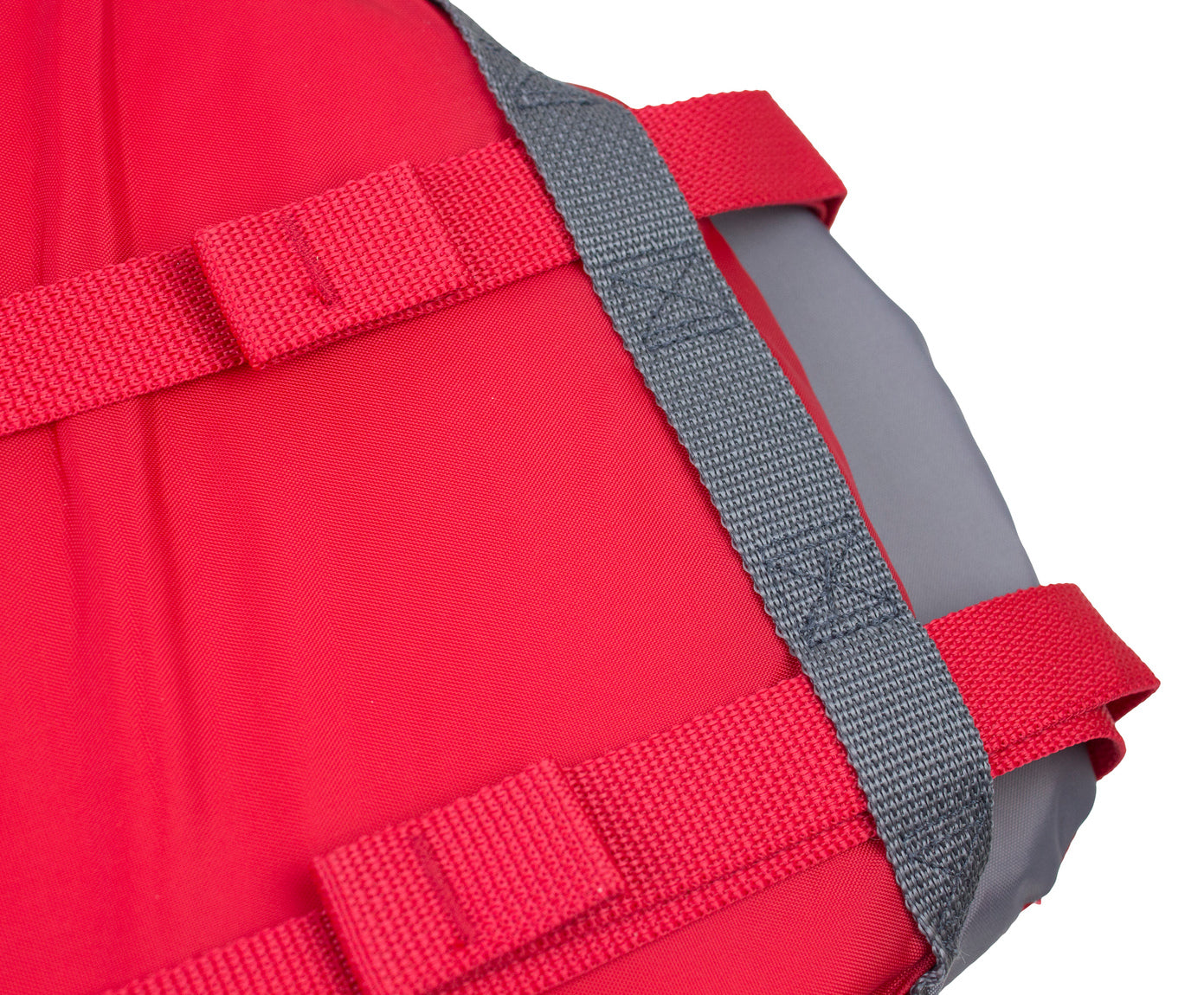 Red Stohlquist kayaking life jacket with secure adjustable gray and red straps close-up