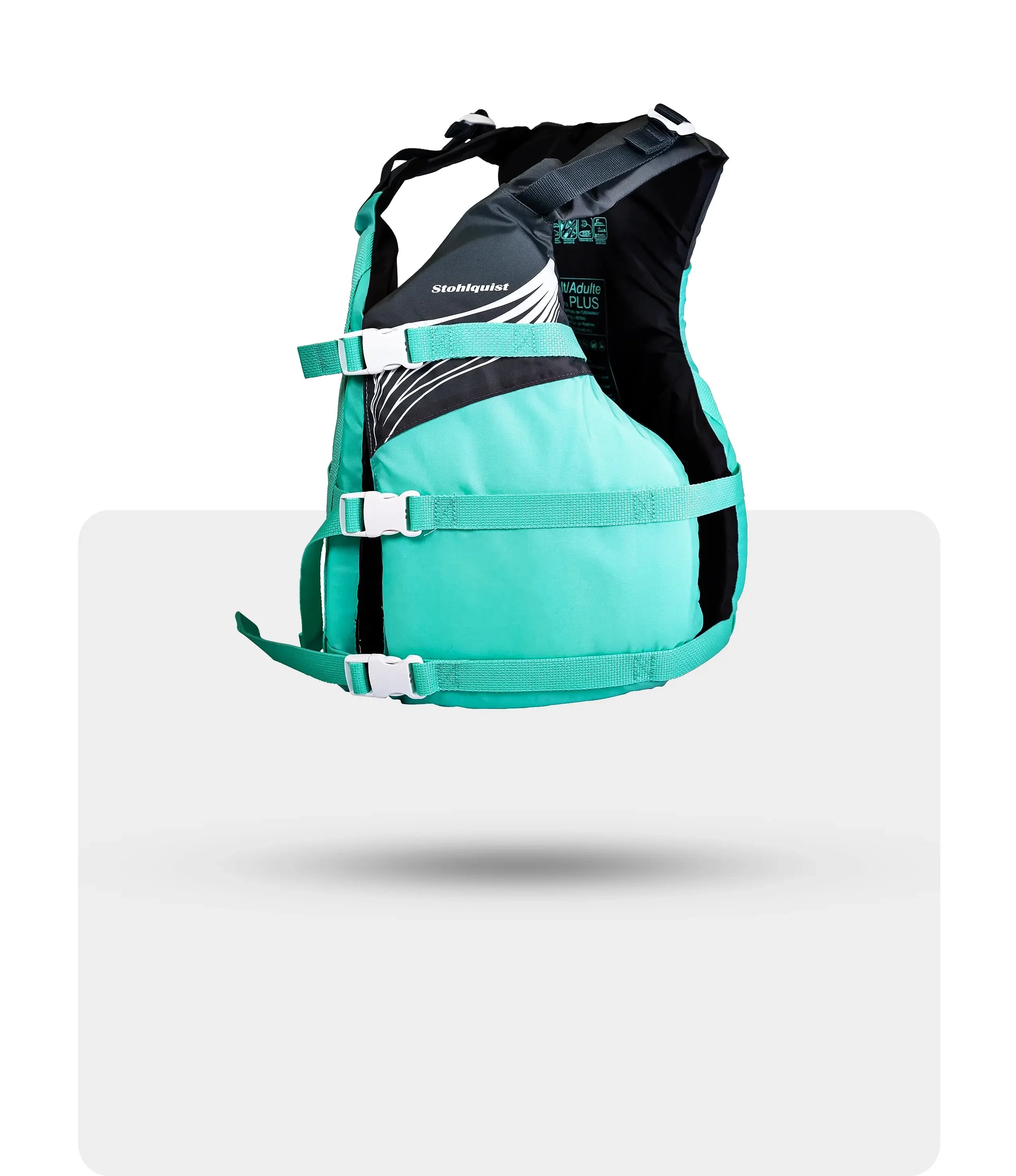 Stohlquist teal kayaking life jacket with adjustable straps on white background