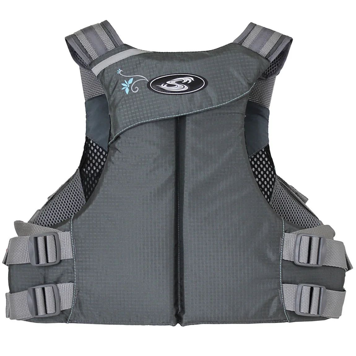 Stohlquist Misty Gray kayak life jacket with adjustable straps, back view